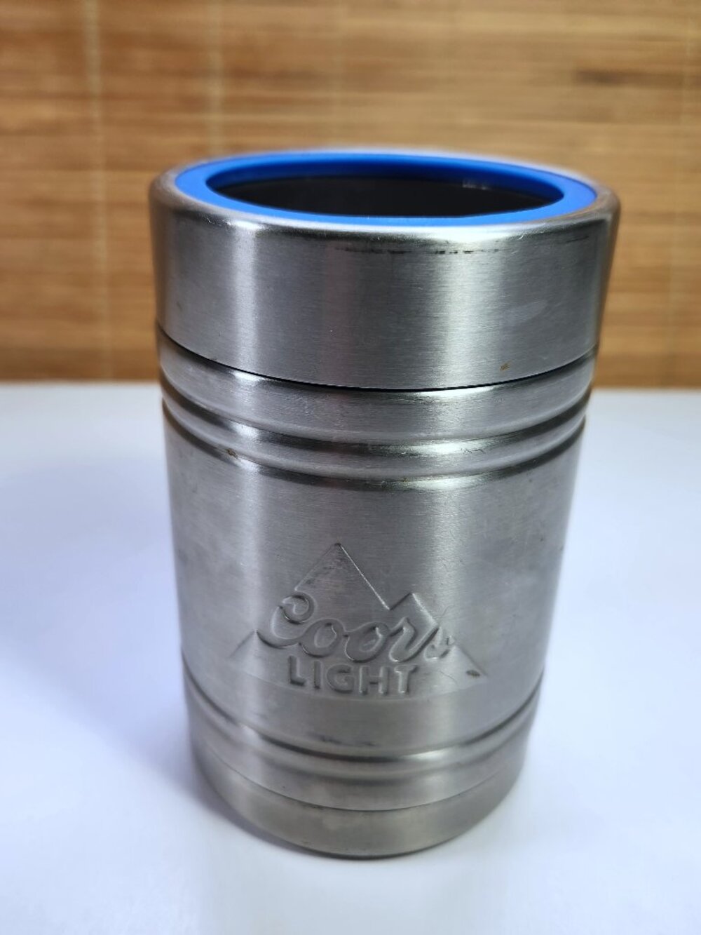 Vintage Coors Light Stainless Steel Insulated Can Cooler Koozie Blue Rim